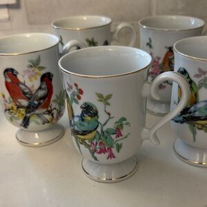 Vintage Royal Crown porcelain bird mugs set of 5 pedestal gold trim